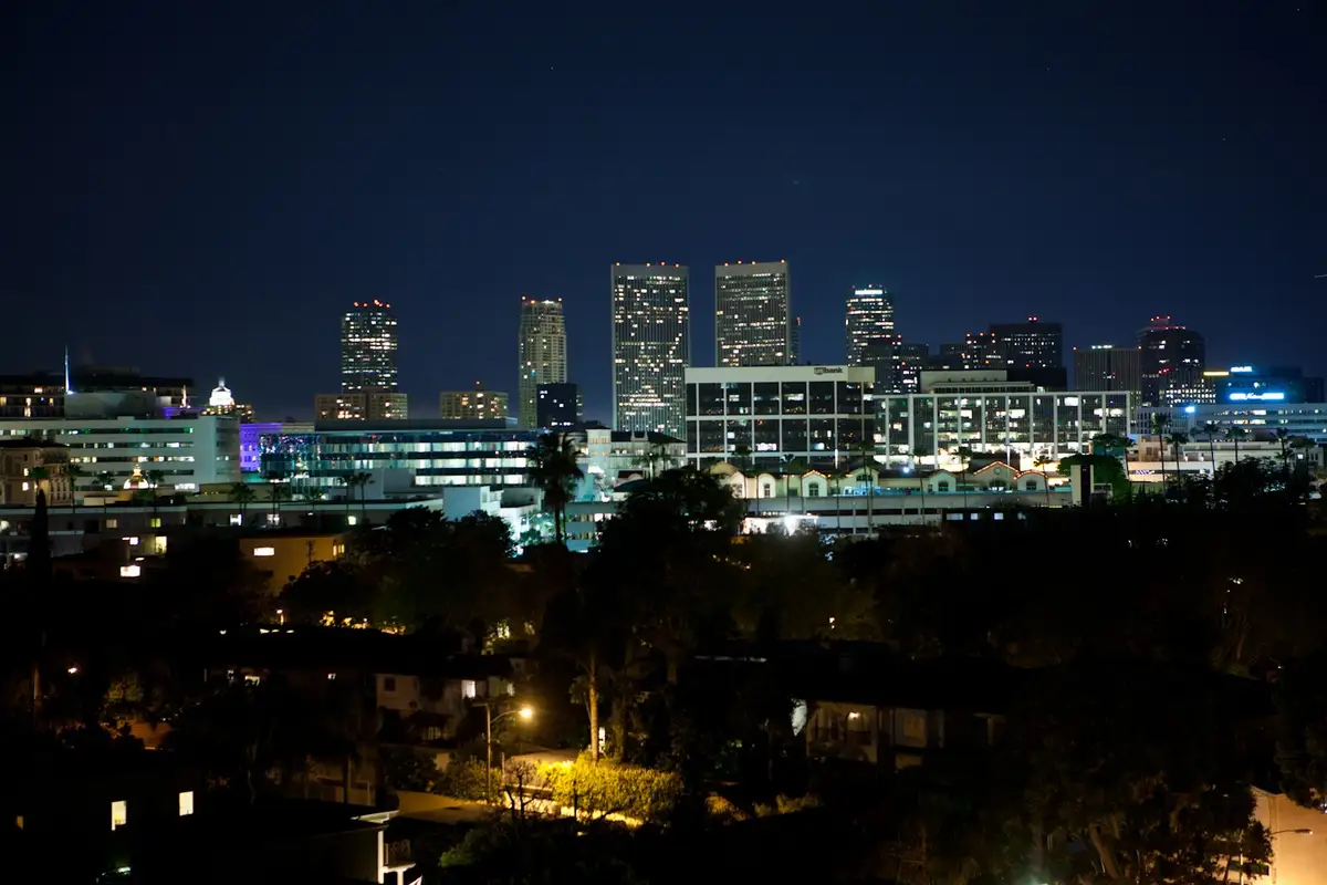 Downtown Beverly Hills streetscape at night