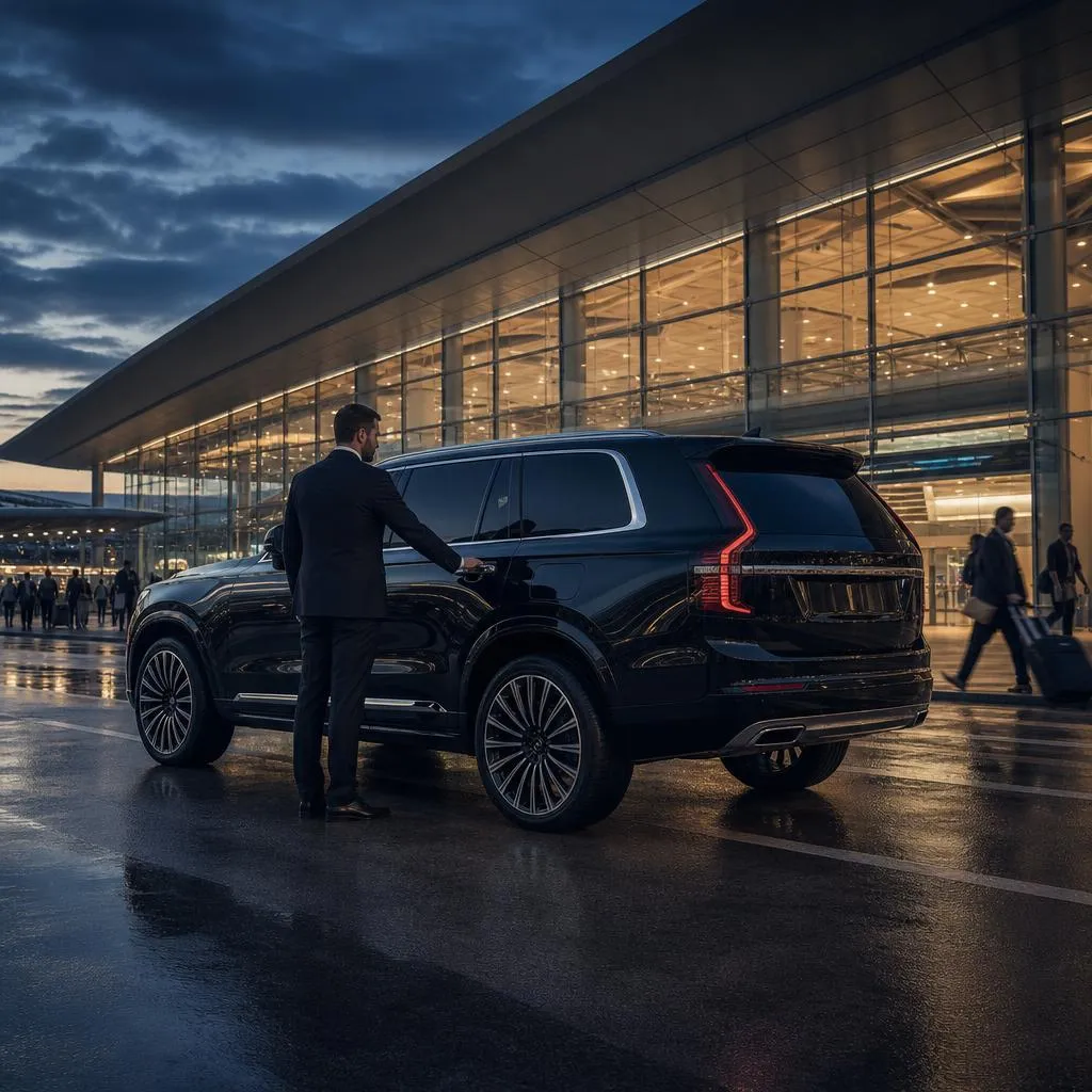 Chauffeur waiting with a black SUV at the SFO arrivals curb
