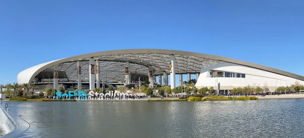 Exterior of SoFi Stadium photographed during an April 2023 event
